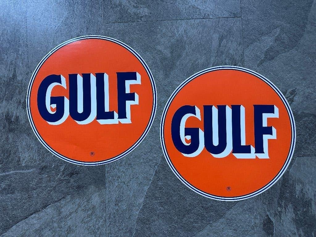 2 fraaie GULF benzinepomp stickers sticker. Benzine olie., Ophalen of Verzenden, Gebruikt, Gebruiksvoorwerp