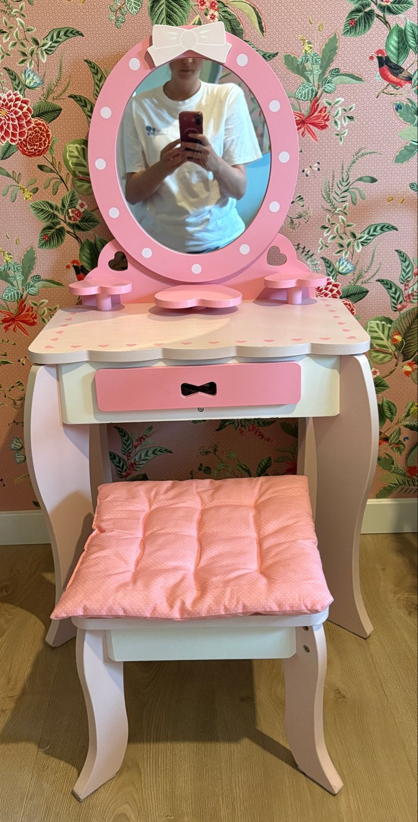 Roze kinder kaptafel met spiegel en krukje, Ophalen, Gebruikt, Tafel(s) en Stoel(en)