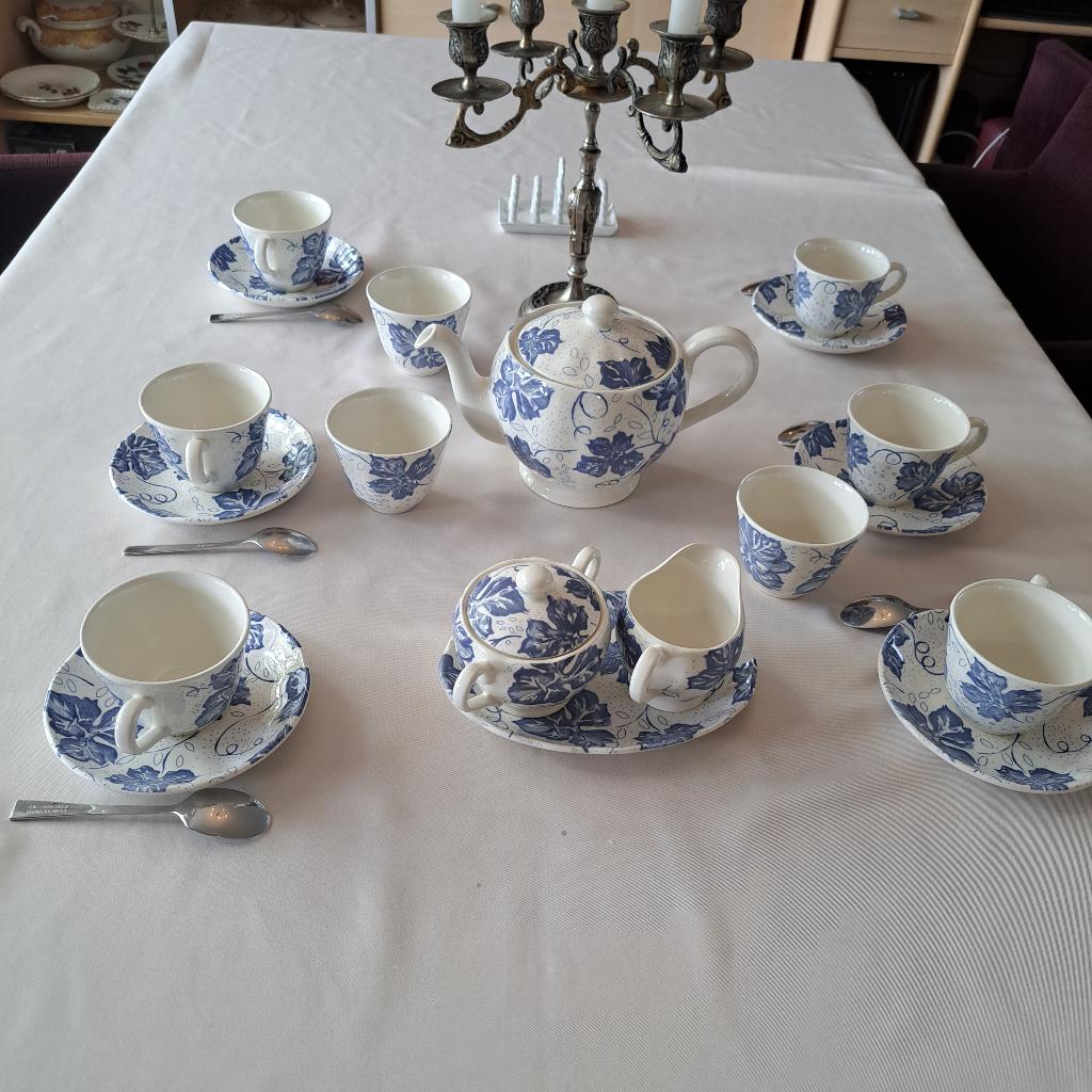 Engelse theeservies Grindley met blauwe bladeren., Ophalen of Verzenden