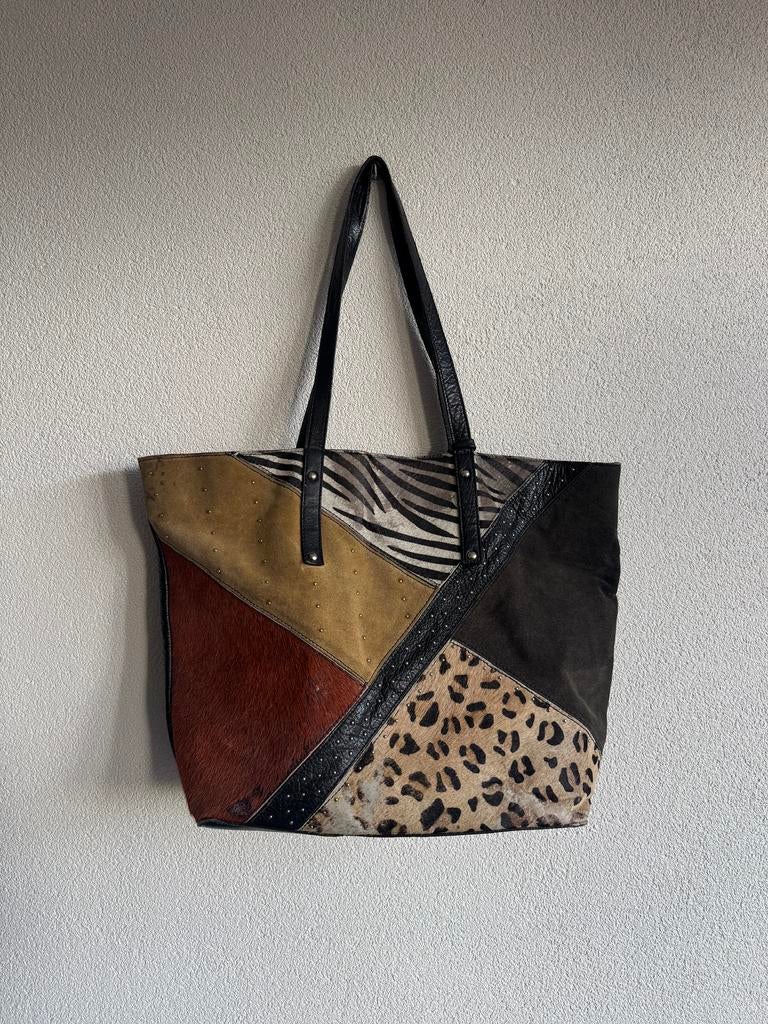 Vintage Y2K echt leren schouder tas met patchwork patroon, Sieraden, Tassen en Uiterlijk, Tassen | Damestassen, Vintage, Gebruikt