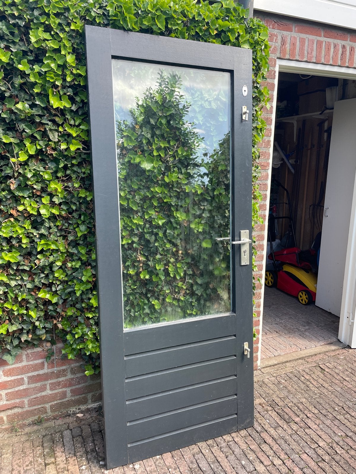 Hardhouten schuurdeur, Ophalen, Gebruikt, 80 tot 100 cm, 200 tot 215 cm