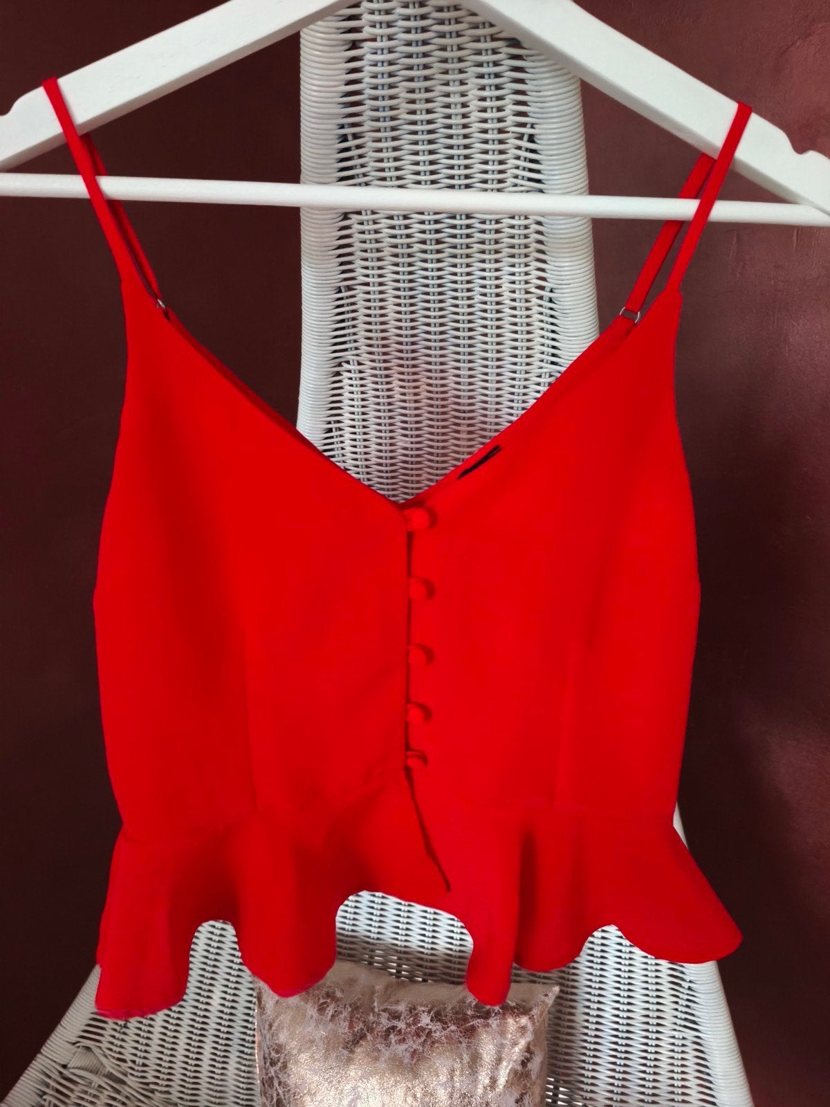 River Island - Spaghetti peplum topje rood - mt (8) 34, Verzenden, River Island, Zo goed als nieuw, Zonder mouw