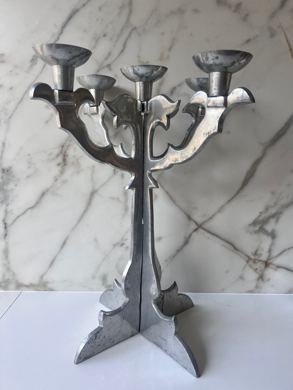 VINTAGE JAREN 70 ALUMINIUM METALEN 5 ARMIGE KANDELAAR, Ophalen of Verzenden, Overige materialen