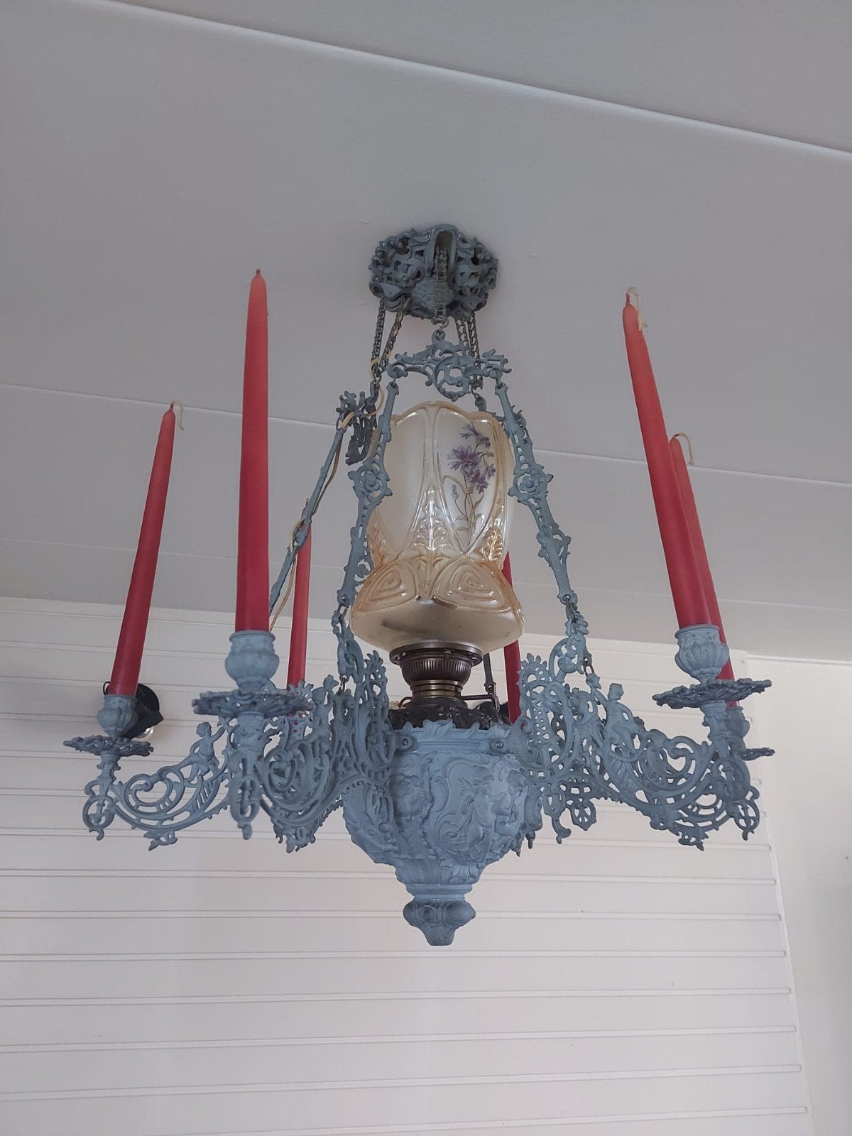 Antieke olielamp kroonluchter uit 1830, Ophalen