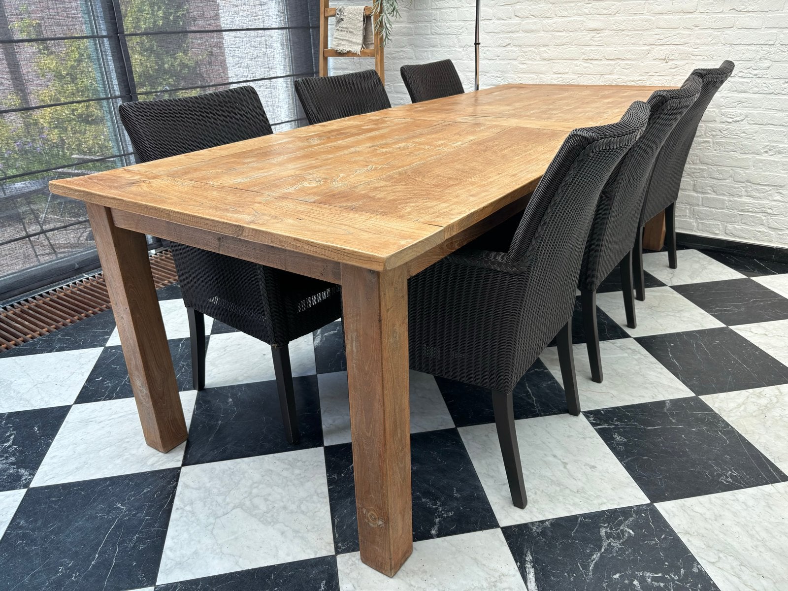 Teakhouten tafel (240x110cm) met 6 originele Loyd Loom stoel, Ophalen, Gebruikt, 100 tot 150 cm, Koloniaal
