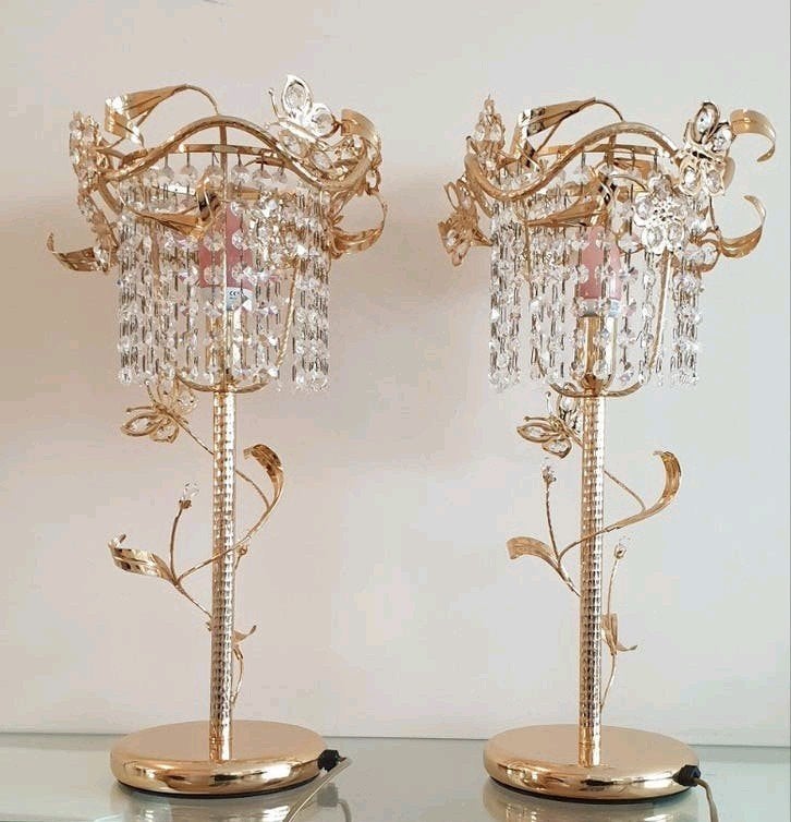 Gouden tafellamp met kristallen vlinders en bloemen, Ophalen, Goud, Glas, Sfeerlamp