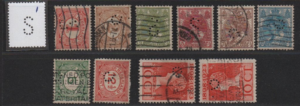 Perfins Nederland  - - -   10  zegels  met  Perfin  S 1, Verzenden, T/m 1940, Gestempeld