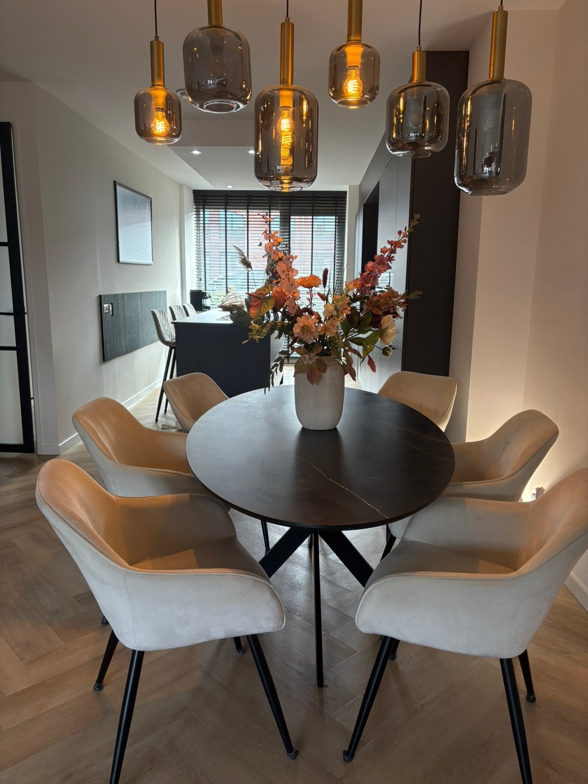 Ovale eettafel 200 cm zwart marmerlook + 6 stoelen (crème), Ophalen, 100 tot 150 cm, 200 cm of meer, Ovaal