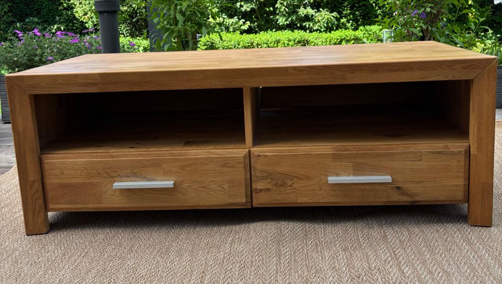 Teakhouten TV-meubel met 2 lades - Ophalen, Ophalen, Gebruikt, 100 tot 150 cm, Teakhout