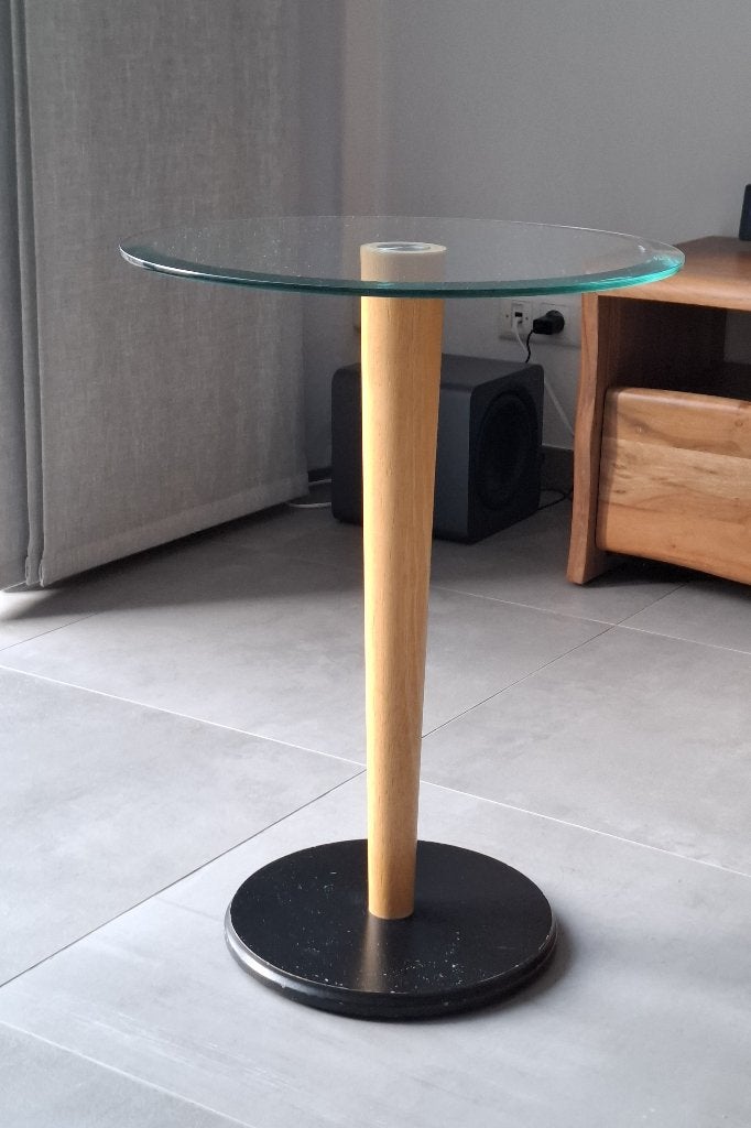 Rond bijzettafeltje met glazen blad - vintage, Ophalen, Minder dan 55 cm, Gebruikt, Glas