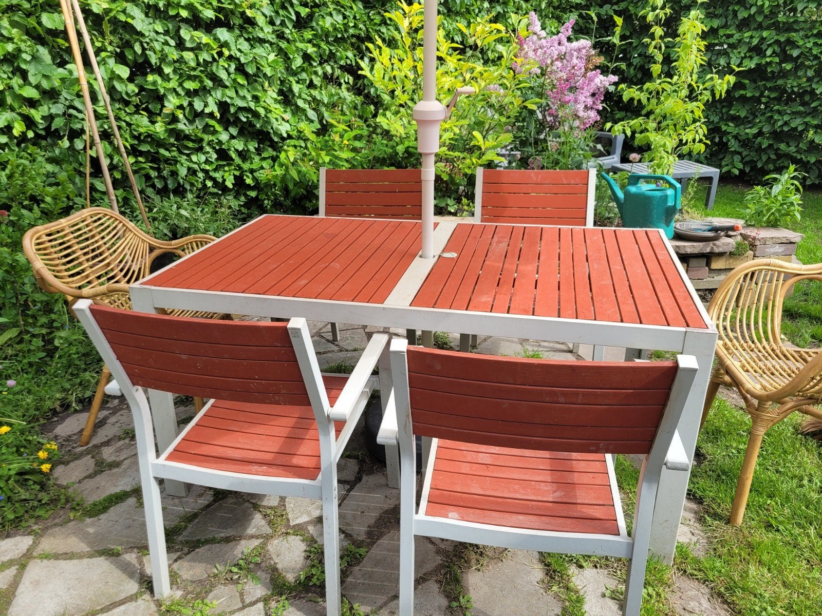 Sjalland (Ikea) eettafelset met 4 stoelen, Gebruikt, 6 zitplaatsen, Aluminium, Ophalen of Verzenden