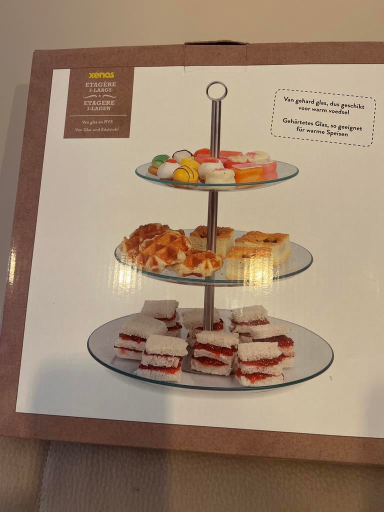 Etagere 3-laags van gehard glas en RVS, Ophalen of Verzenden, Nieuw