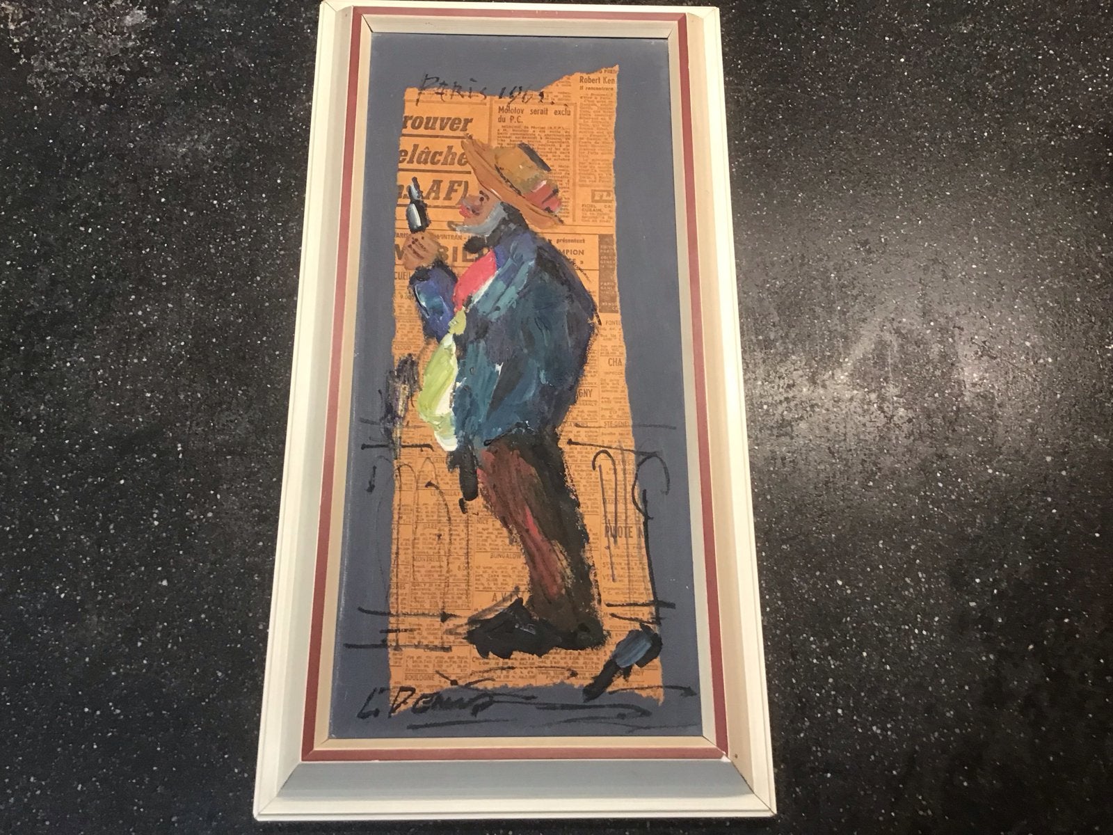Vintage olieverf op canvas met Franse krant uit 1962, Doek, Portret of Personen, Ophalen of Verzenden, Gesigneerd