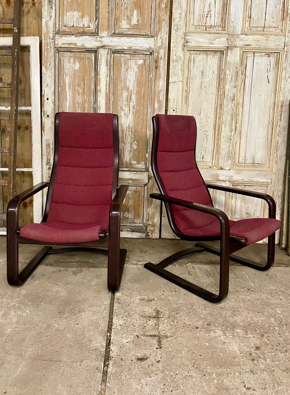 Set vintage Lamello fauteuils, by Yngve Ekstrom voor Swedese, Ophalen, Hout, Set, Rood