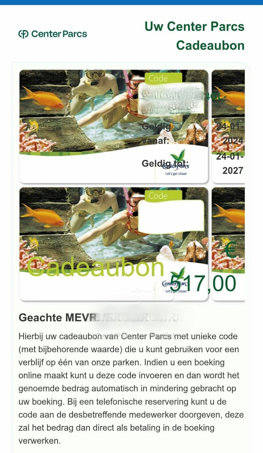 cadeaubon Center parcs twv €517, Drie personen of meer, Cadeaubon, Bungalowpark