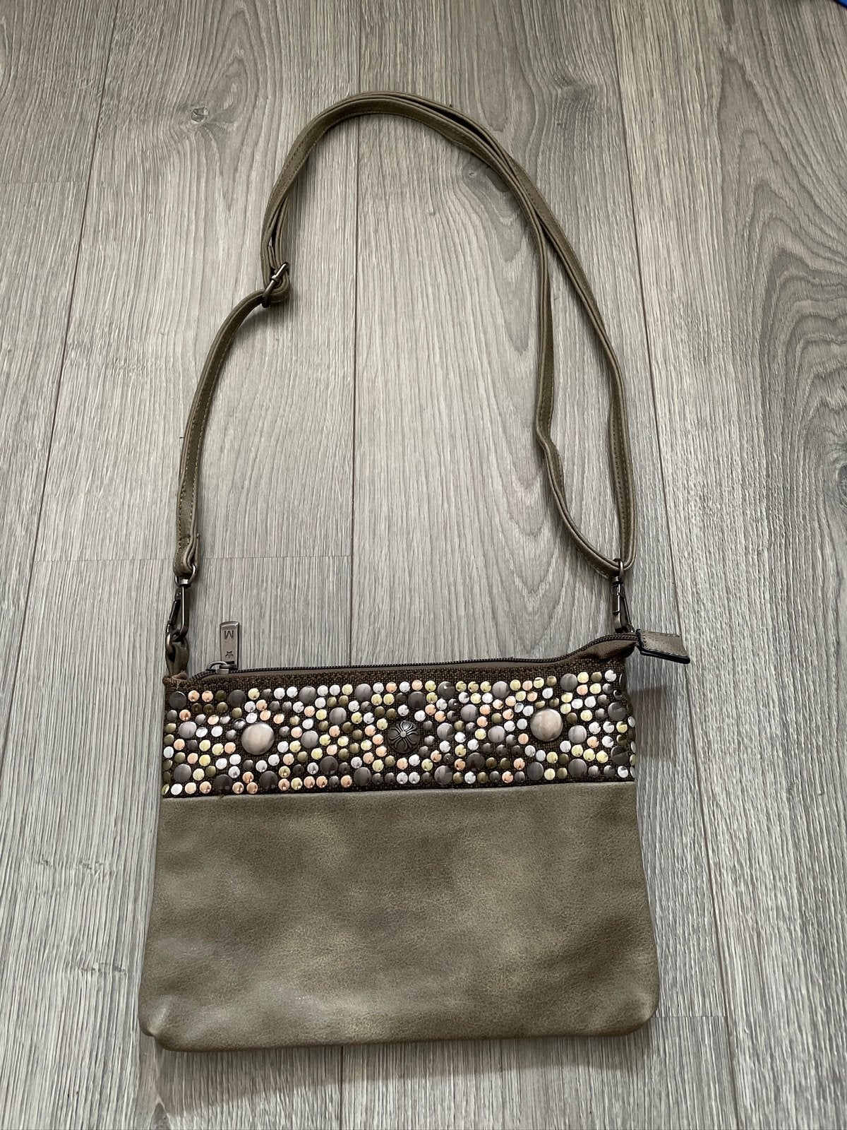 mandoline khaki schouder tas met studs, Ophalen of Verzenden, Zo goed als nieuw, Groen, Overige merken