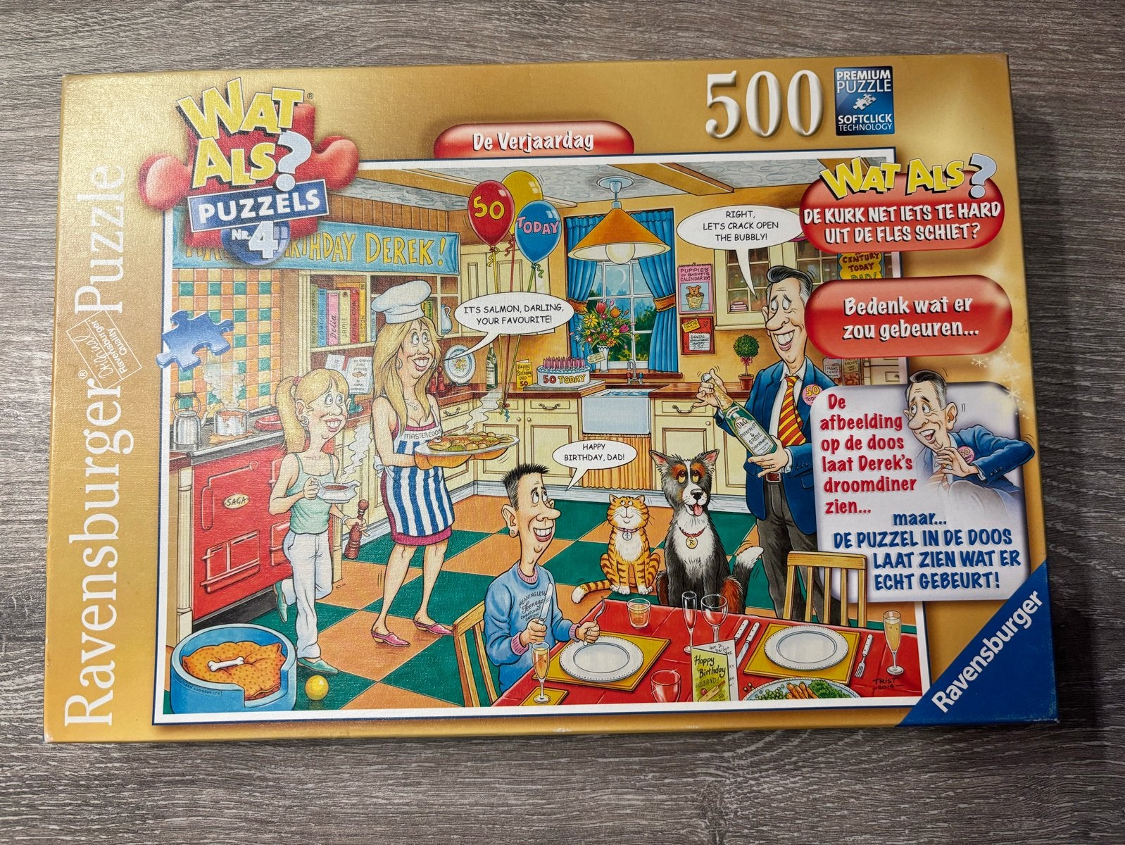 Ravensburger "Wat Als?" Puzzel - Derek's Verjaardagsfeest, Hobby en Vrije tijd, Denksport en Puzzels, Ophalen of Verzenden, 500 t/m 1500 stukjes