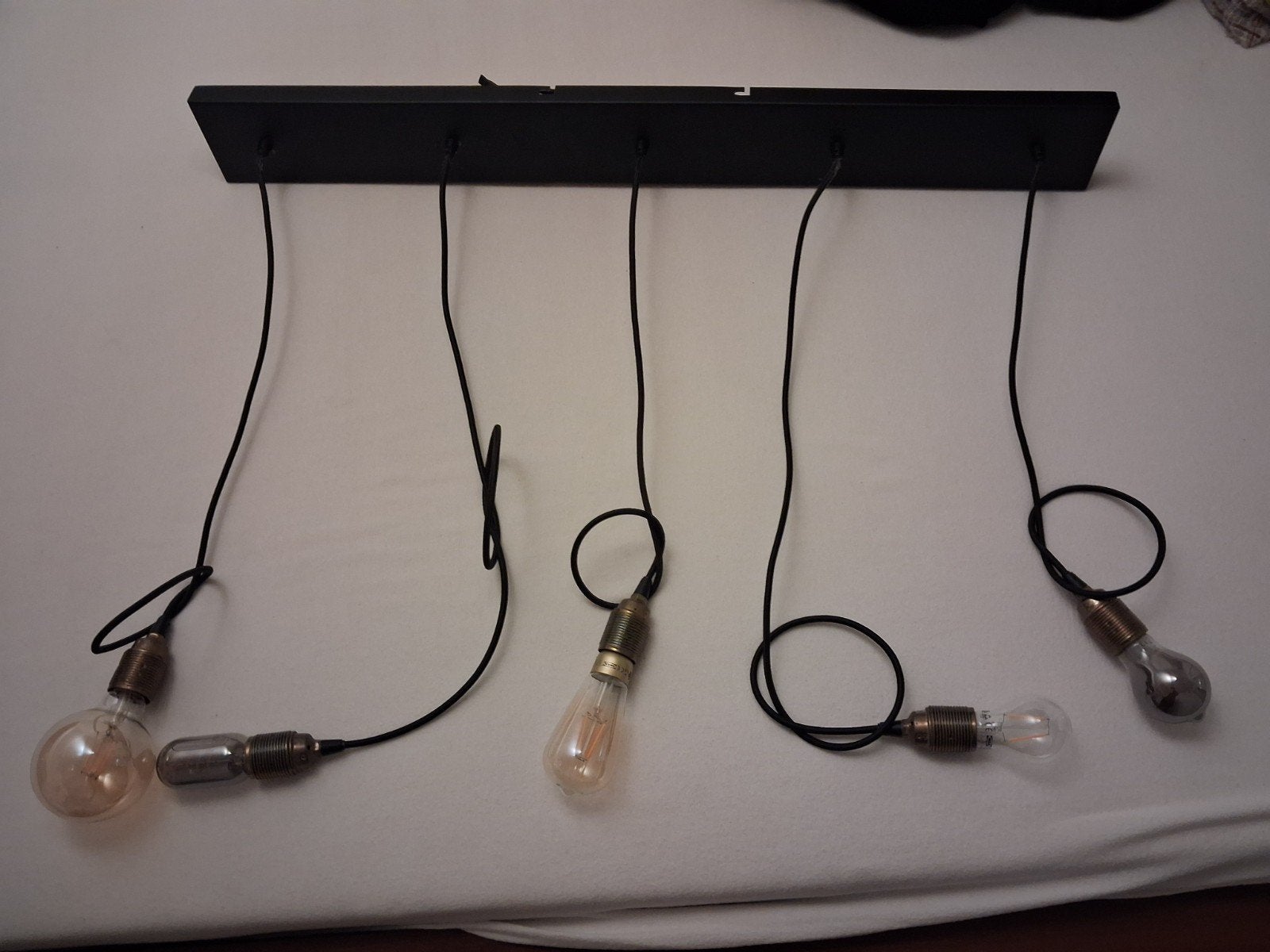 Zwarte hanglamp met 5 E27 fittingen, industrieel design, Gebruikt, Metaal, Industrieel, E27 (groot)