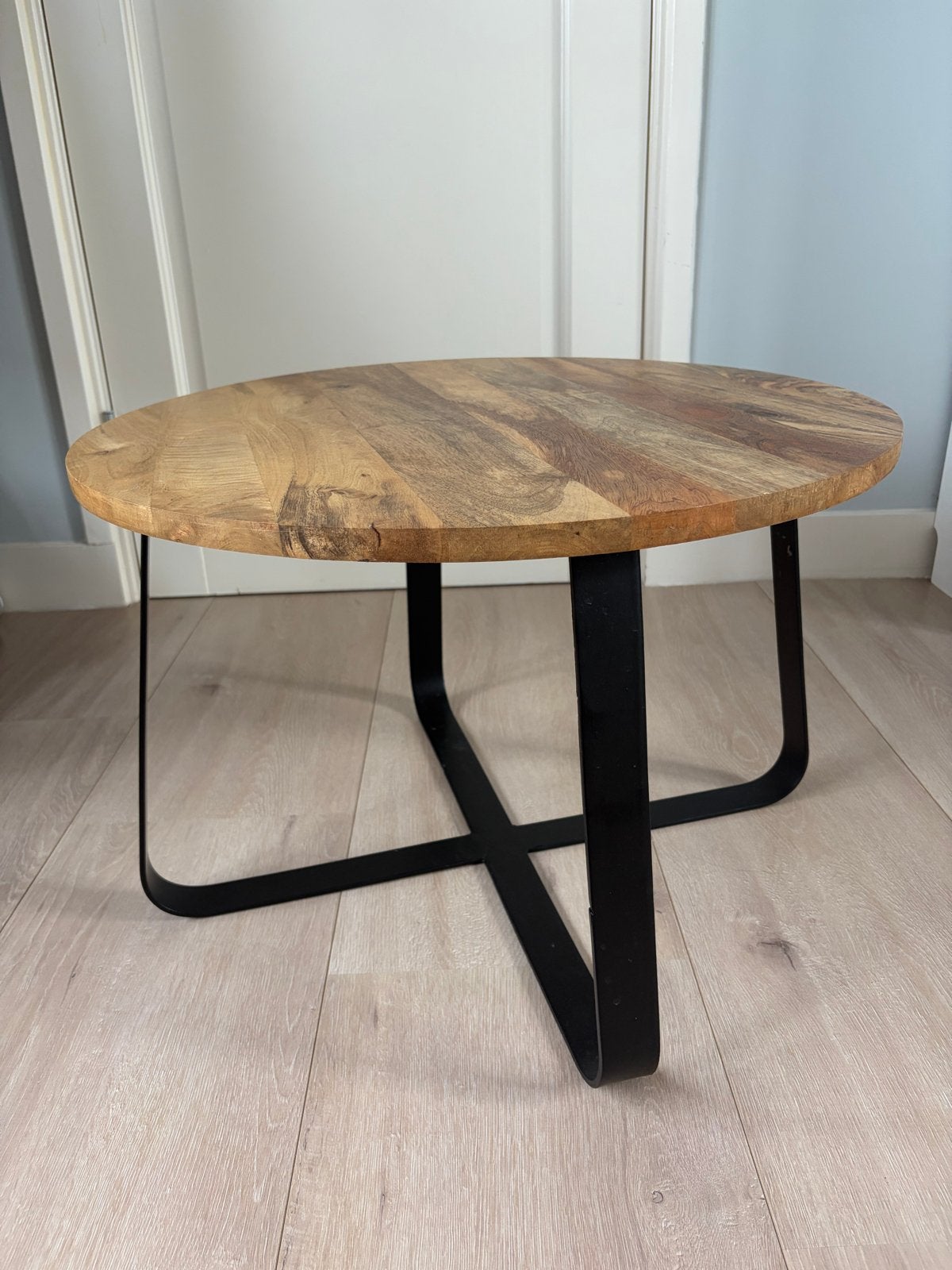 Ronde salontafel hout en metalen poten, diameter 60cm, Ophalen, Minder dan 45 cm, Rond, 55 tot 75 cm