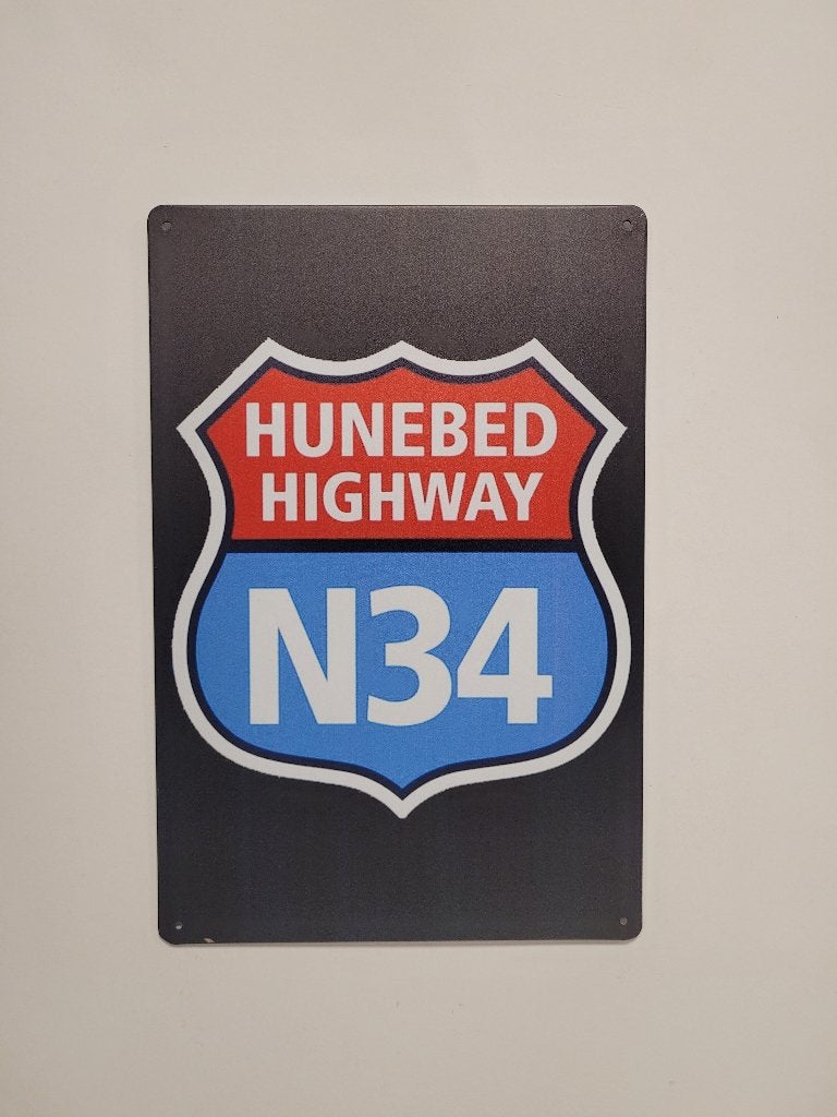 Hunebed Highway N34 reclamebord van metaal wandbord deco, Info@deconoord.nl, Deco Noord, Nieuw, Ophalen of Verzenden