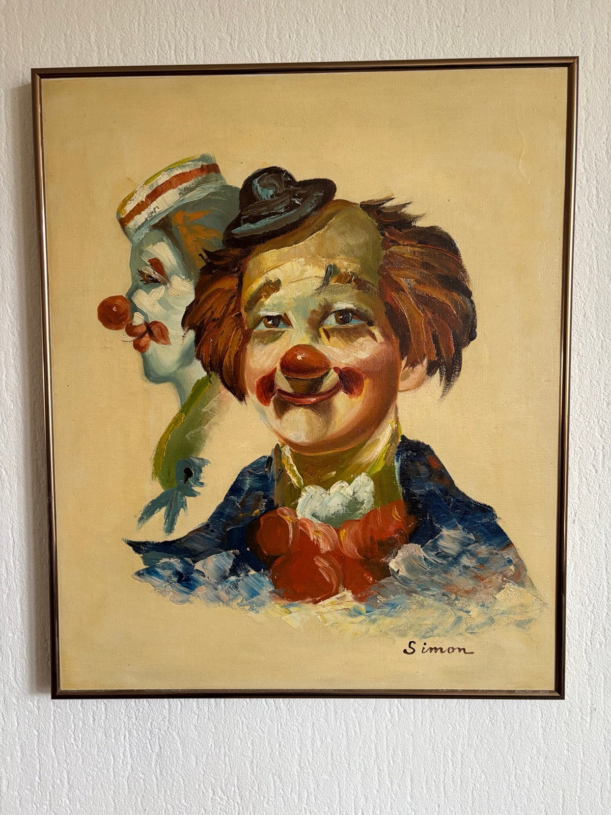 Simon, vintage Clown schilderij, olieverf 50x60 cm, Ophalen of Verzenden, Zo goed als nieuw, Schilderij