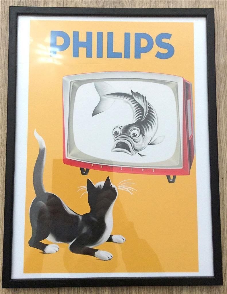 PHILIPS Reclame Kat vis op tv Poster in Frame, Verzenden, Nieuw, Reclamebord