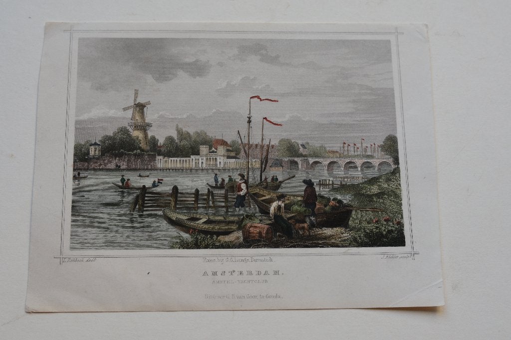 AMSTERDAM YACHTCLUB SARPHATISTRAAT AMSTEL GRAVURE 1858 G22, Antiek en Kunst, 10 cm, 1800 - 1899, Verzenden, Stadsgezicht