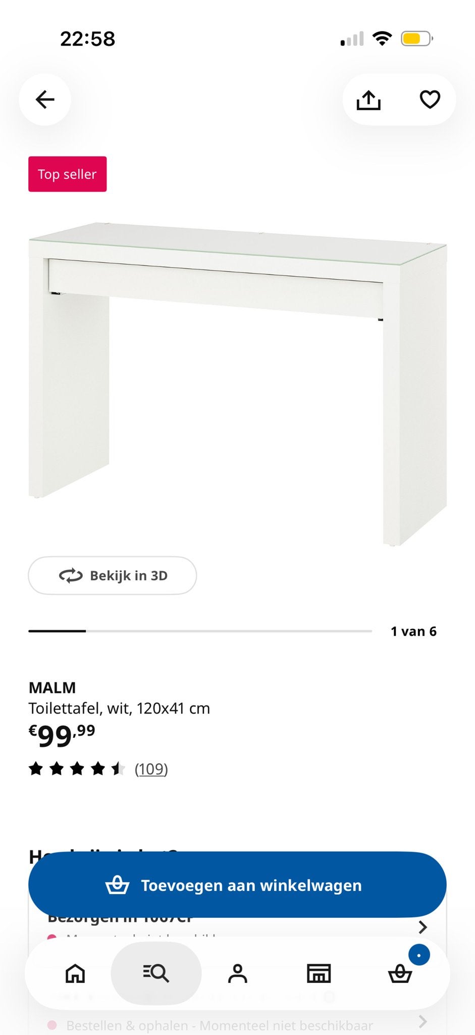 MALM Toilettafel, wit, 120x41 cm, Huis en Inrichting, Ophalen, 100 tot 150 cm, Nieuw, Minder dan 100 cm