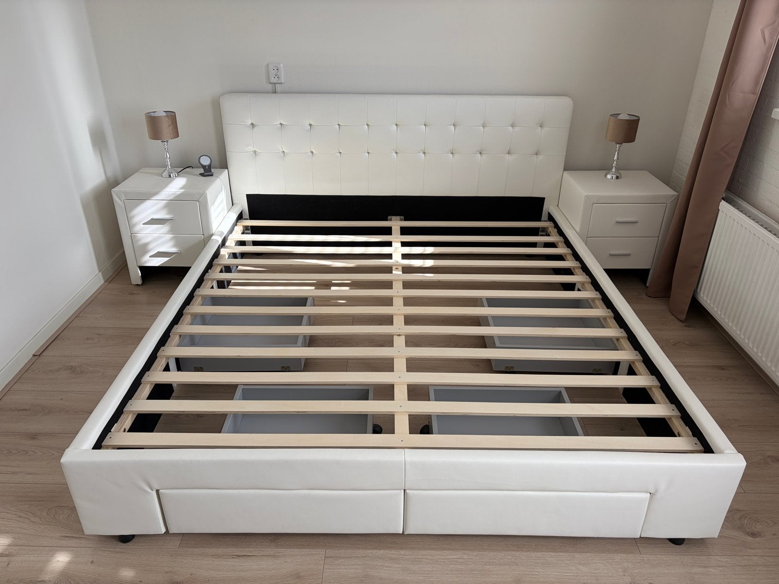 Tweepersoonsbed 180x200 met kunstleer en opberglades, Ophalen, Overige materialen, Wit, Tweepersoons