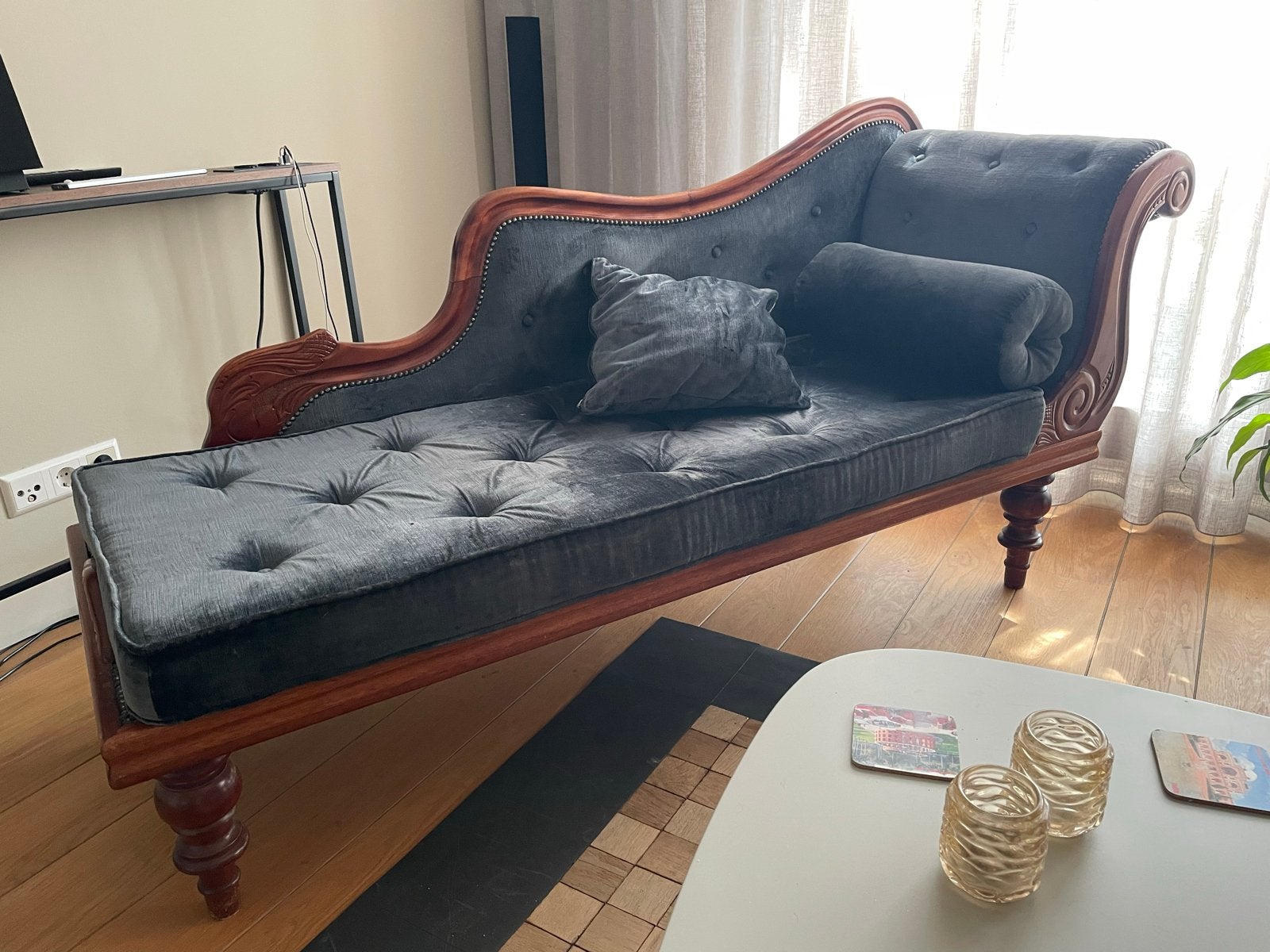 Antieke chaise longue - Blauwgrijs - Nieuw gestoffeerd, Antiek en Kunst, Ophalen
