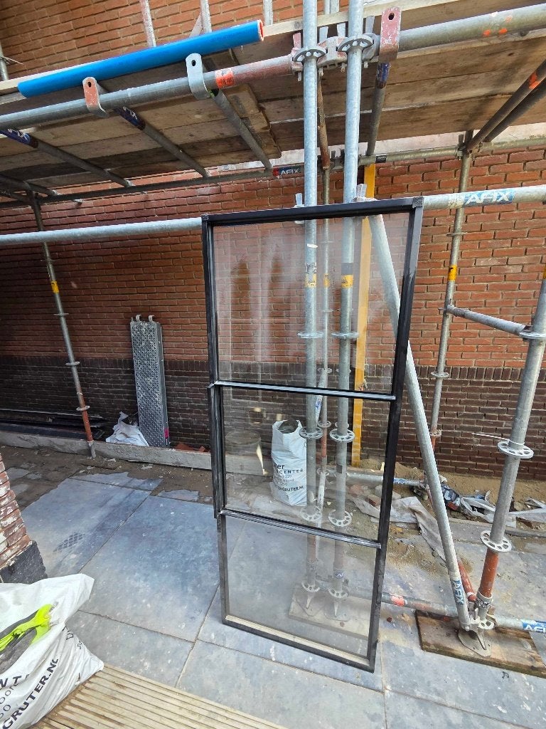 Dubbele schuifdeur zwart staal en glas, Ophalen, Gebruikt, Binnendeur, Schuifdeur