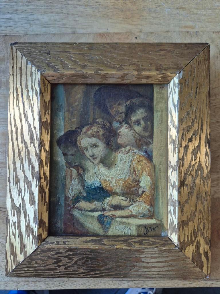 Oud schilderij: Drie vrouwen bij het raam⁷, Antiek en Kunst, Ophalen of Verzenden