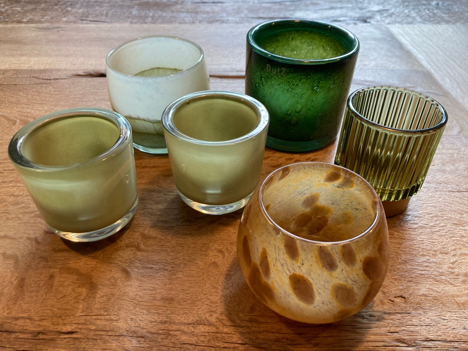 Gezellig de kaarsjes weer aan! 6 x windlicht groen goud Dutz, Windlicht, Ophalen of Verzenden, Groen, Glas