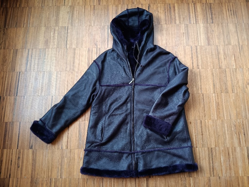 Paarse lederen jas met kap, Kleding | Dames, Ophalen of Verzenden, Zo goed als nieuw, Maat 42/44 (L), Paars