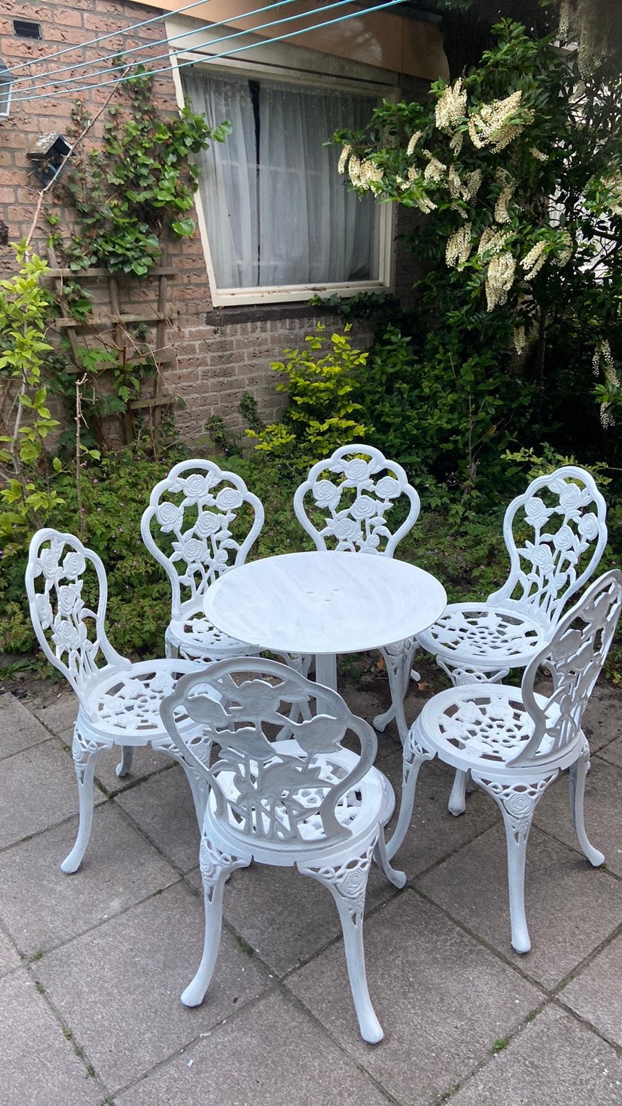Zes persoons stoel + tafel gietijzeren stoelen wit brocante, Ophalen, Zo goed als nieuw, Metaal