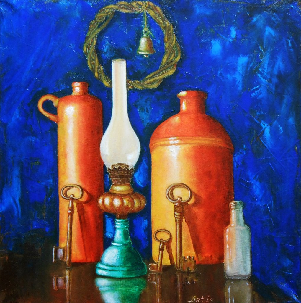 "Flessen, een sleutel en een oude petroleumlamp", Gesigneerd, Stilleven, Verzenden, Olieverf
