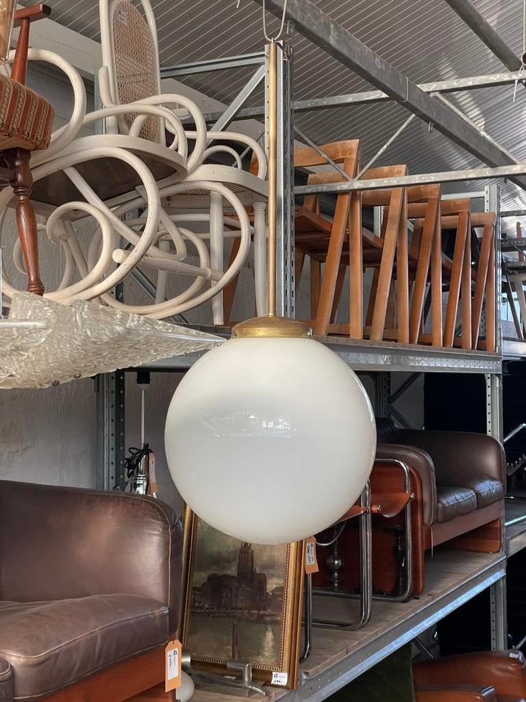 Vintage bollamp schoollamp wit glas rond design messing, Ophalen