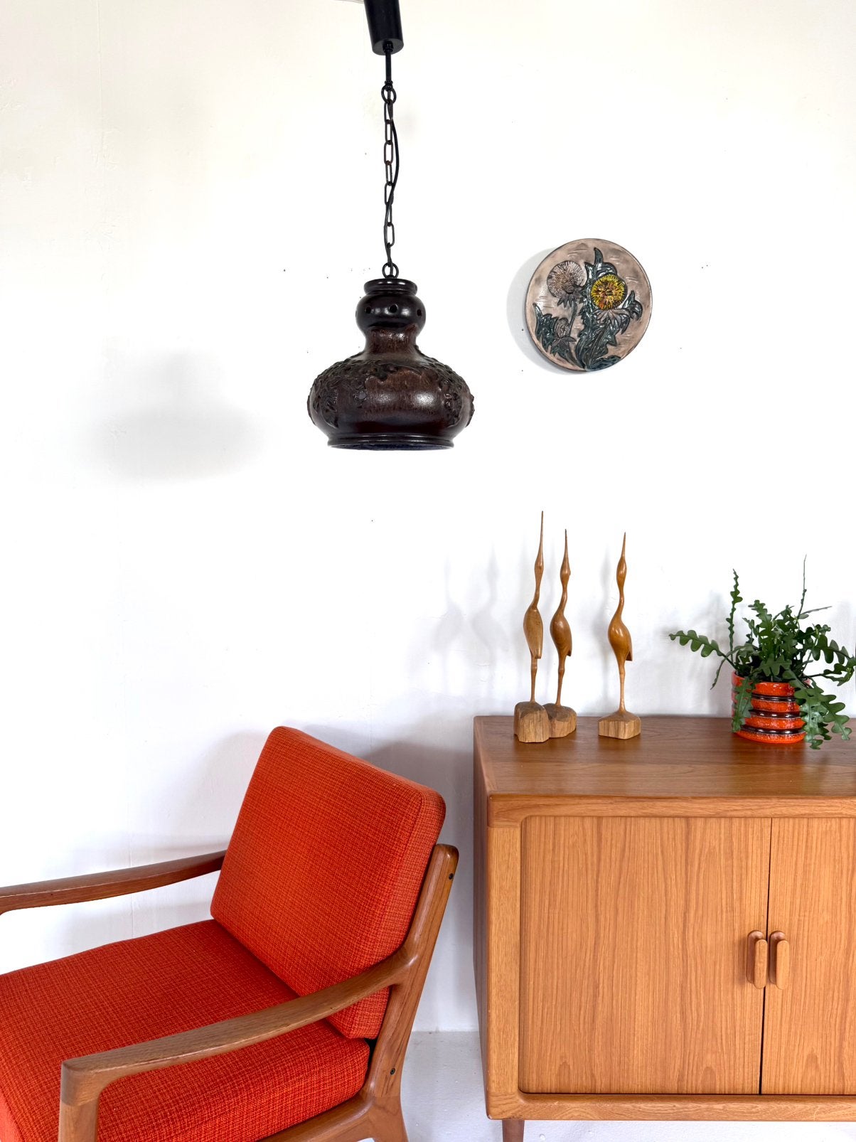Vintage keramieken fat lava hanglamp, Richard Essig ‘60, Vintage retro buisframe design rotan webbing papercord deens, Metaal