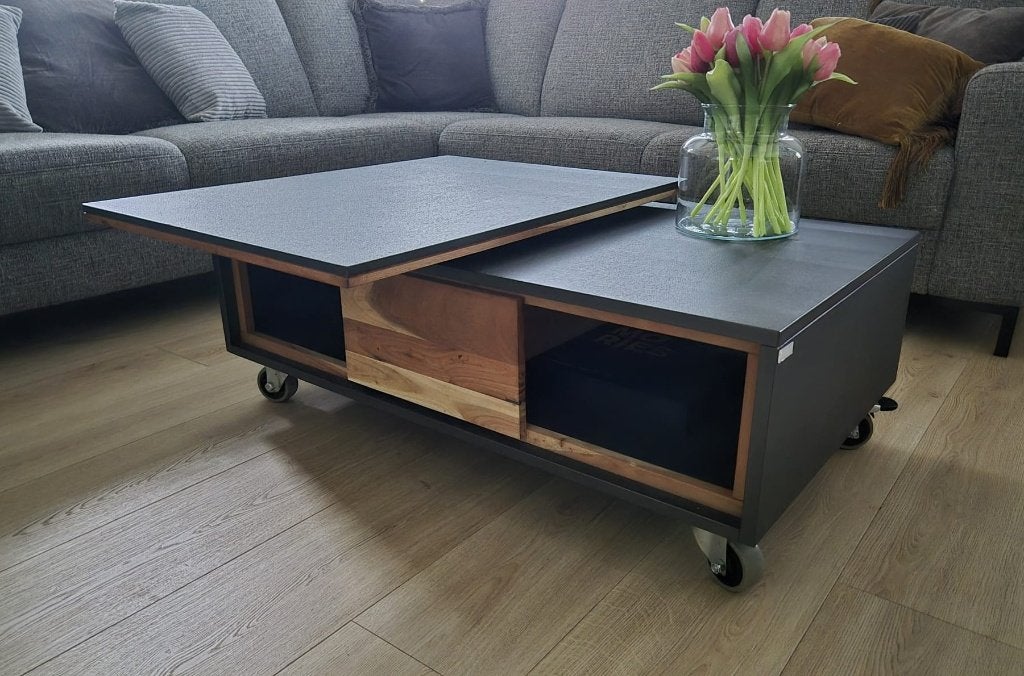XOOON Lanai salontafel – massief Kikarhout – draaibaar blad, Ophalen, Modern en stoer, 100 tot 150 cm, 50 tot 100 cm