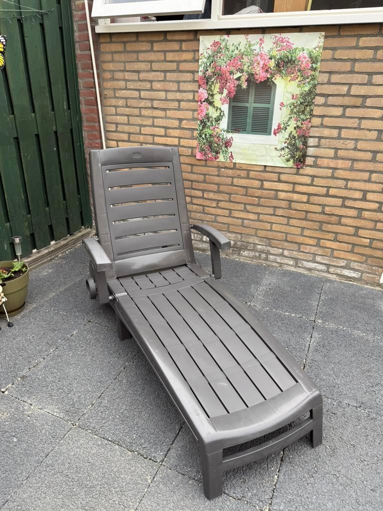 Ligbed kunstof grijs, Tuin en Terras, Ligbedden, Gebruikt, Kunststof, Inklapbaar, Verstelbaar, Verrijdbaar, Ophalen