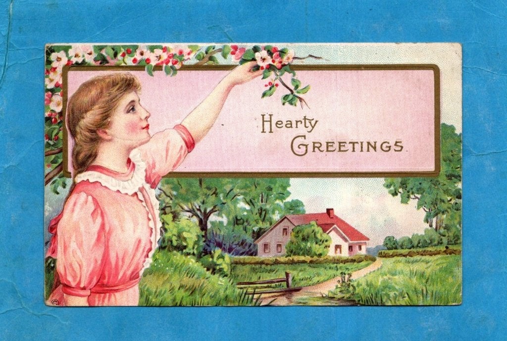 Mooie oude wenskaart/reliéf " Hearty Greetings "  N367  1913, Ophalen of Verzenden, Voor 1920, Gelopen, Natuur
