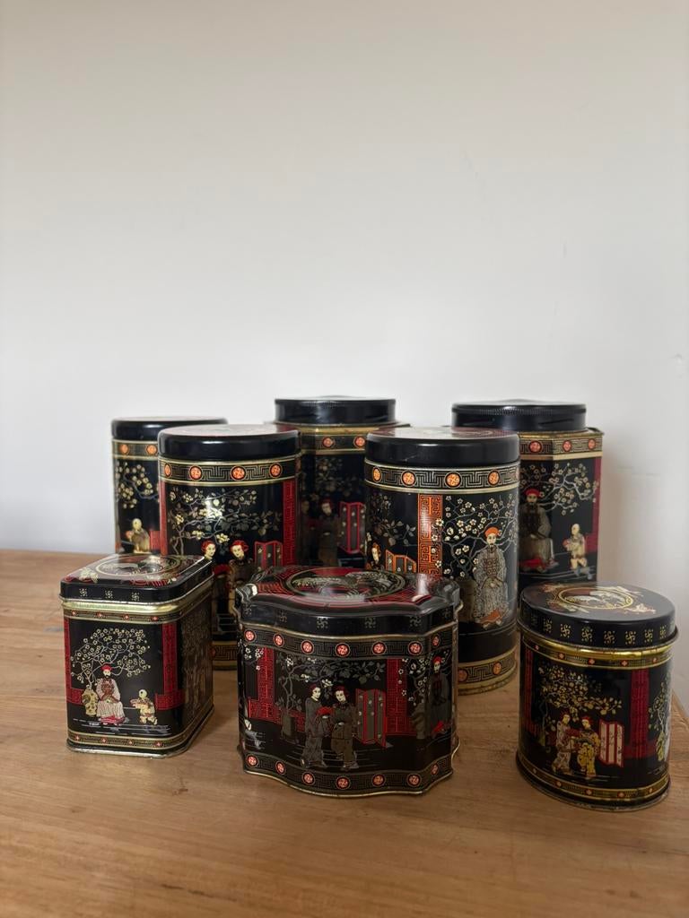 Vintage Aziatische blikken – set van 8 – zwart/goud, Ophalen, Zo goed als nieuw, Overige