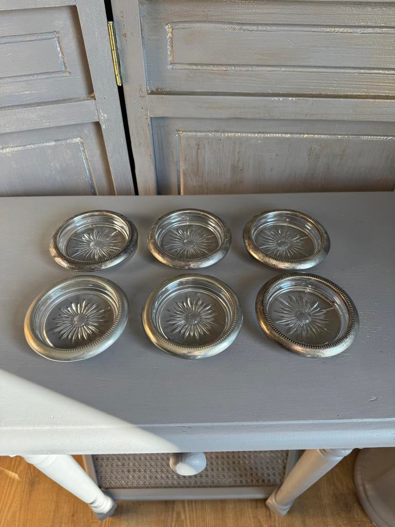6 Kristallen Onderzetters Verzilverd - Italy, Huis en Inrichting, Woonaccessoires | Onderzetters, Zo goed als nieuw, Glas of Kopje