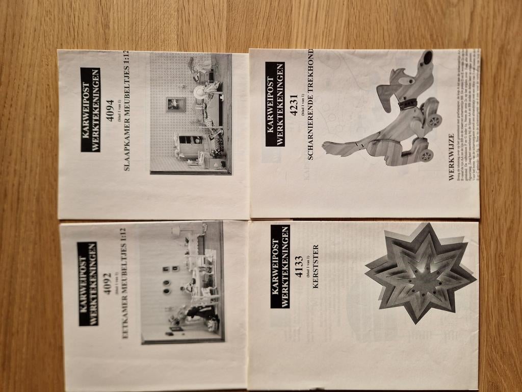 4 bouwtekeningen houten poppenhuismeubeltjes, hond en ster., Ophalen of Verzenden, Zo goed als nieuw, Overige onderwerpen