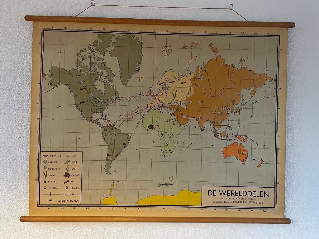 Vintage wereldkaart schoolkaart KLM antiek uit jaren '50 '60, Ophalen, Aardrijkskunde