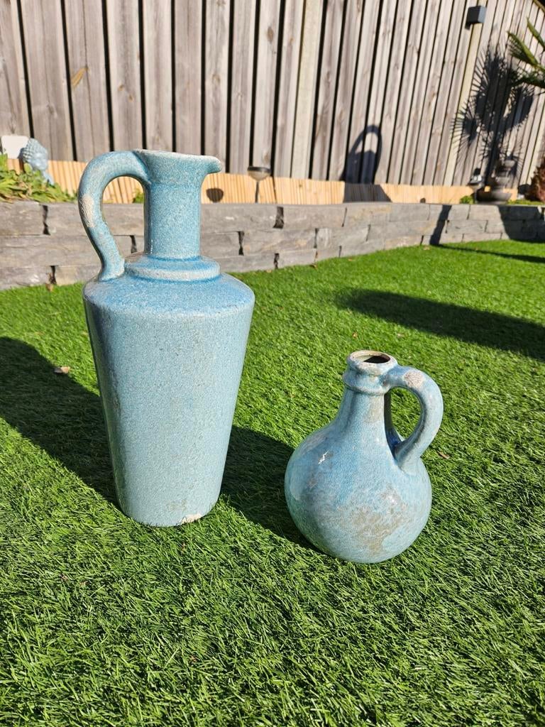2 stuks blauw/groen decoratie vazen, Blauw, Ophalen of Verzenden, Minder dan 50 cm, Glas