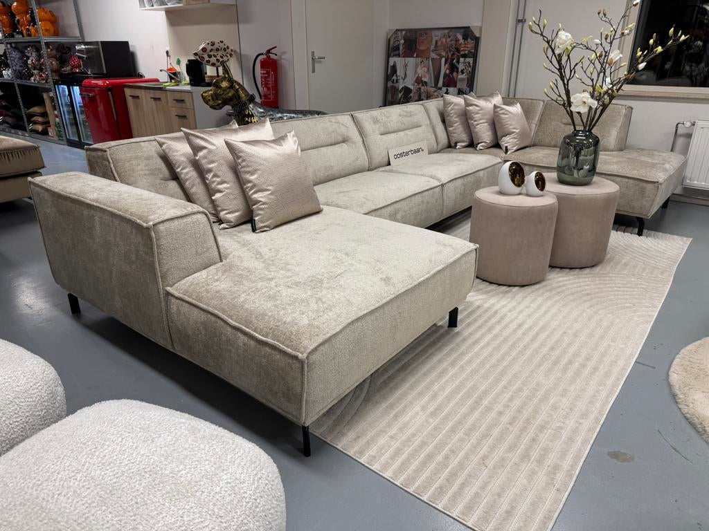 Luxe Velvet Teddy U-bank Lotte 160x385x200cm Beige Sand NEW, Huis en Inrichting, Oosterbaan, Info@oosterbaanwonen.nl, Venus 31 8448CE Heerenveen