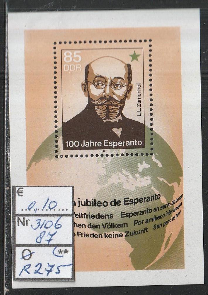 DDR 100 Jaar Esperanto Blok 87 Michel 3106 Nr.R275p, Postzegels en Munten, Verzenden, DDR, Postfris