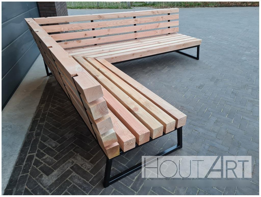 L-vorm Hoek loungebank Massive staal met douglas balken, Tuin en Terras, Tuinsets en Loungesets, 4 zitplaatsen, Hardhout, Bank