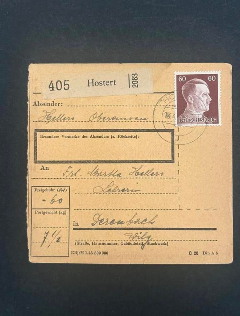 WWII Parcel Receipt Derde Rijk, 1943, Verzamelen, Ophalen of Verzenden, Duitsland, Embleem of Badge